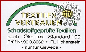 Textiles Vertrauen Zertifikat - Öko-tex 100 Standard geprüft